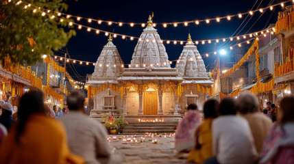 Obraz premium Vibrant shree ram temple festival scene with night decorations and lights