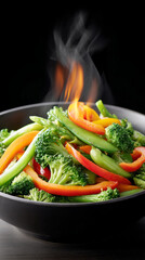 Vibrant vegetables falling into flaming wok for dynamic cooking scene