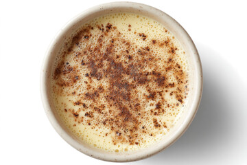 Overhead shot of eggnog in a ceramic bowl a traditional holiday beverage with nutmeg perfect for seasonal menus and festive promotions