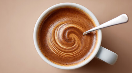 Captivating coffee swirl in cup with spoon reflected light