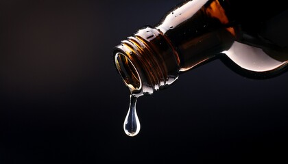 Macro Close Up Of Liquid Droplet Falling From Black Glass Bottle On Dark Background