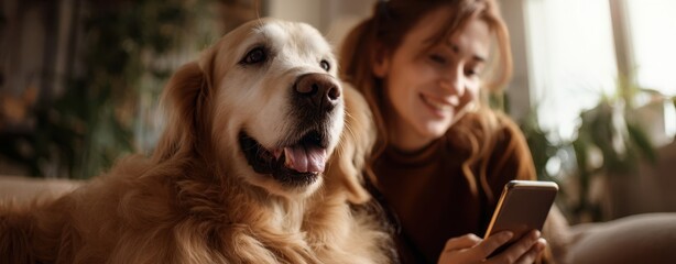 The Golden Retriever and smiling woman using smartphone in a cozy sunlit living room