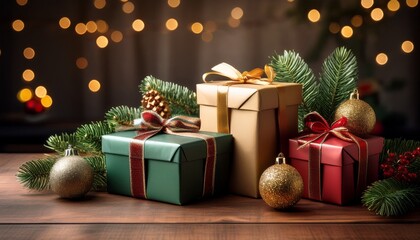 Christmas Gift Boxes With Decoration On The Table