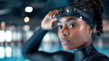 Female swimmer adjusting goggles at indoor pool for professional training