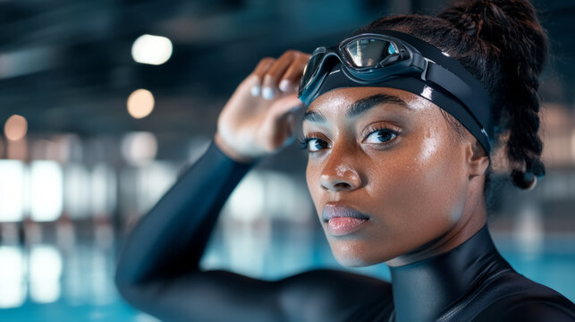 Female swimmer adjusting goggles at indoor pool for professional training - Powered by Adobe