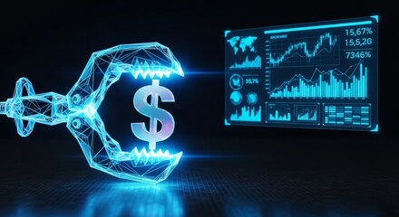 Futuristic robotic arm gripping dollar symbol with digital financial data display
