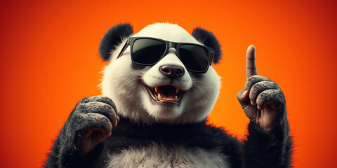 Obraz premium A humorous close-up portrait of a happy panda wearing black sunglasses and pointing upward against a bright orange background