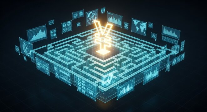 Futuristic digital maze with data screens and glowing yen symbol