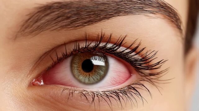 A close-up view of a bloodshot, irritated eye with long lashes, blinking open and closed, showing discomfort and redness.