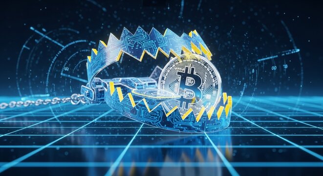 Bitcoin in digital bear trap on futuristic grid background signifying financial risks