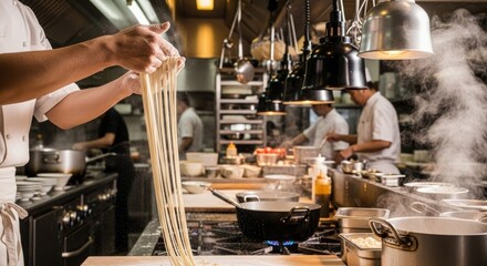 Naklejka premium Asian chef preparing noodles in a professional restaurant kitchen