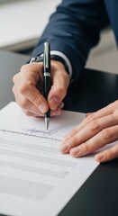 Male adult hand signing contract document in office setting