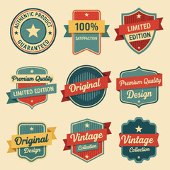 A collection of vintage retro style labels and badges for product branding.