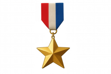 Golden star award medal with red, white, and blue ribbon representing military honor and achievement, transparent background