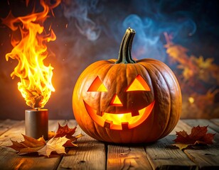 Halloween Pumpkin with Fire and Autumn Leaves on Wooden Table.