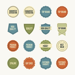 A diverse collection of vintage-style promotional badges and labels.