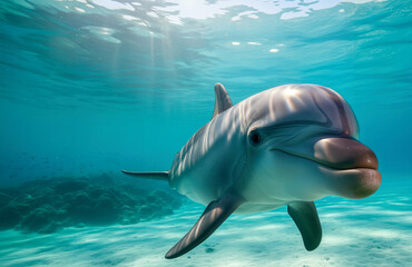 Fototapeta premium Ultra-realistic underwater close-up of a friendly bottlenose dolphin looking at the camera in sunlit turquoise waters a symbol of intelligence and joy