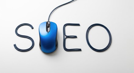 A blue computer mouse with cable, creatively arranged with the letters SEO.