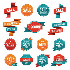 Collection of colorful sale banners and discount labels for retail.