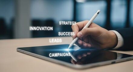 Business professional developing innovative marketing strategies on a digital tablet.