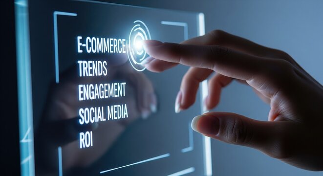 A person interacting with a digital display showcasing e-commerce trends.