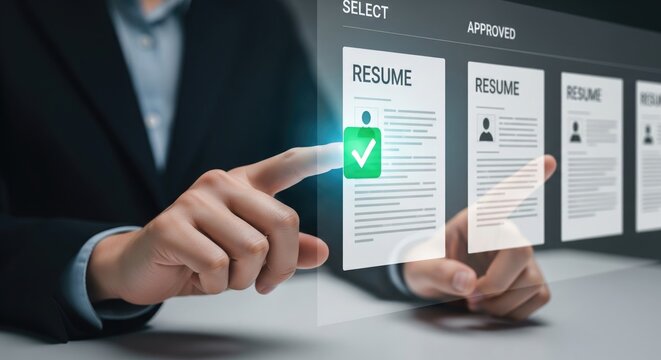 A professional reviewing resumes with a digital interface for recruitment.