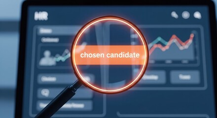 Magnifying glass focusing on 'chosen candidate' in HR analytics dashboard.