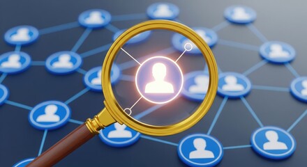 Magnifying glass focusing on a social network of user profiles and connections.