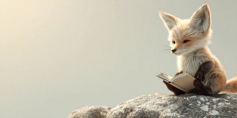 Cute fox cub sitting on rock, reading book, exuding sense of curiosity and wonder