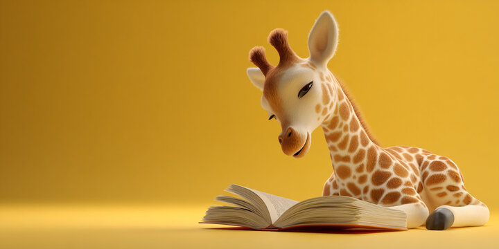 Cute giraffe calf reading book with thoughtful expression on bright yellow background
