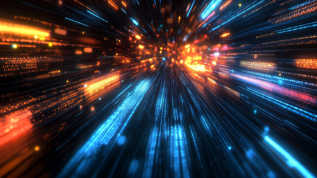 Hyperrealistic image of AI server lights blurred into motion lines, conveying speed, futuristic technology, and advanced computing environments.