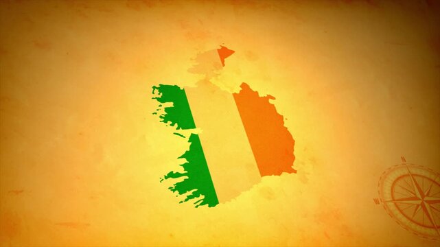 Animated Map of IRELAND with Flag in Body Isolated on Vintage Background