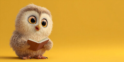 Cute owl chick reading tiny book, bright yellow background, adorable expression, whimsical character, cartoon style