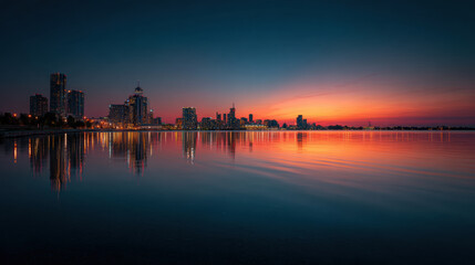 Fototapeta premium Stunning city skyline at sunset, showcasing modern skyscrapers with vibrant reflections on the tranquil water surface. The colorful sky creates a breathtaking urban landscape view.
