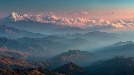 Majestic snow-capped mountains rise above layered peaks and misty valleys. Golden light bathes distant summits, creating a breathtaking vista at sunset.