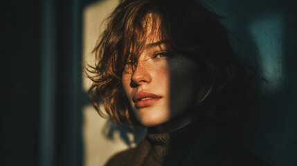 Close-up portrait of a young woman with freckles, beautiful green eyes, and natural short hair, illuminated by golden sunlight casting dramatic shadows.