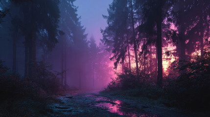 Fototapeta premium Magical forest path winding through dense fog. Vibrant pink and purple twilight illuminates tall trees and mysterious atmosphere, with colorful reflections in puddles.