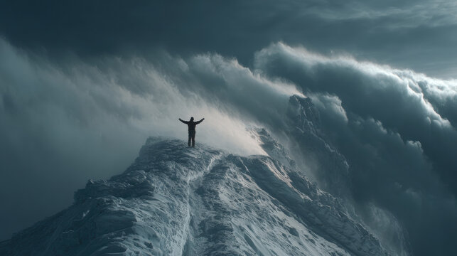 A person with outstretched arms stands triumphantly on a snow-covered mountain peak, surrounded by dramatic stormy clouds and strong winds. The scene conveys freedom and challenge. - Powered by Adobe