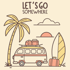 cute line vector van life bus palm tree road.svg