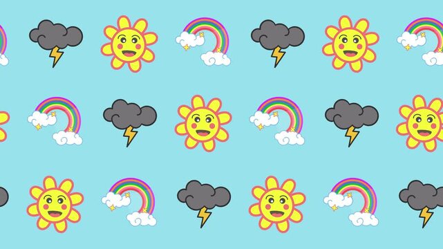 Seamless pattern of cartoon weather icons in a tileable background animation. Repeating wallpaper with a happy sun, rainbow, and lightning bolt symbols. Playful forecast and seasonal element concept.