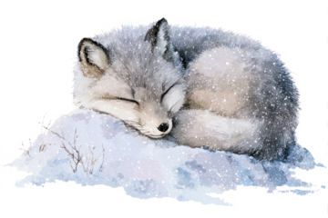 Watercolor illustration of a sleeping arctic fox in winter curled up on snow isolated on white background