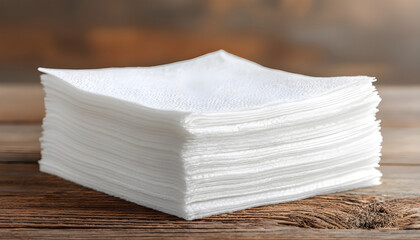 Stack of clean white paper napkins on wooden table in close-up view as mockup template for branding or presentation layout scene concept.