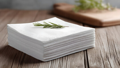 Stack of clean white paper napkins on wooden table in close-up view as mockup template for branding or presentation layout scene concept.