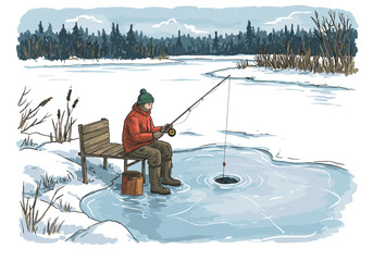 Man at frozen lake fishing hole illustration for outdoor hobby magazine or winter travel blog