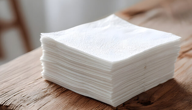 Stack of clean white paper napkins on wooden table in close-up view as mockup template for branding or presentation layout scene concept.