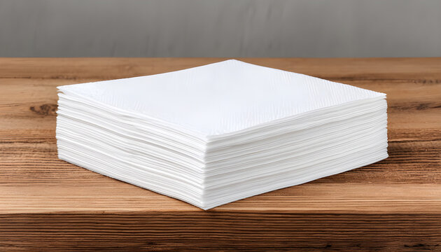 Stack of clean white paper napkins on wooden table in close-up view as mockup template for branding or presentation layout scene concept. - Powered by Adobe
