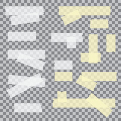Vector set of white and yellow transparent adhesive tape. Torn pieces of masking tape isolated on transparent background.
