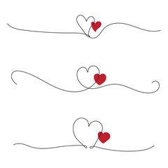 One continuous drawing of two hearts with red color love sign. Thin flourish ribbon and romantic symbol in simple linear style. Editable stroke.
