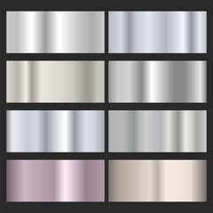 A set of dark silver and black metallic gradients on a black background. Metallic gradient effects for the design of text and bulletin boards, infographics. Metal banner.