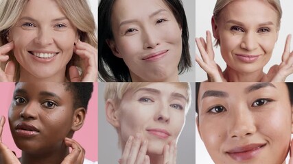 Six women showcase their self care rituals with smiles and gentle touches to their faces. They represent diverse beauty and techniques for a calming home pampering experience.